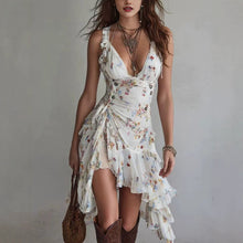 Load image into Gallery viewer, Chiffon Floral Print V-Neck Lace-Up Ruffled Dress – Women's Slim Fit Asymmetric Hem