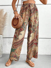 Load image into Gallery viewer, Women's Paisley Print Wide-Leg Pants – Boho Smocked Elastic Waist Tie-Up Flowy Trousers