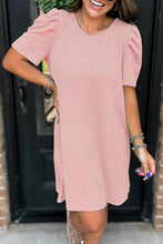 Load image into Gallery viewer, Blossom Corded Crew Neck Puff Sleeve Mini Dress