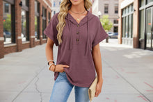 Load image into Gallery viewer, Women's Waffle Knit Hooded Short-Sleeve Top – Drawstring Button Pullover