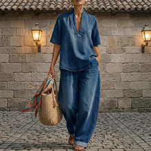 Load image into Gallery viewer, Retro V-Neck Washed Denim Top & Wide-Leg Pants Set – 3 Colors, S–3XL