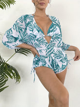 Load image into Gallery viewer, Island Bloom 3-Piece Bikini Set for Women – Tropical Leaf Print Fluttering Swimwear with Flattering Halter Neck Top High Waist Bottoms & Adjustable Drawstring Cover Up – Perfect for Koningsdag Celebrations & Summer Adventures