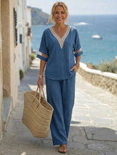 Load image into Gallery viewer, Women's Embroidered V-Neck Top & Wide-Leg Pants Set | Two-Piece Outfit