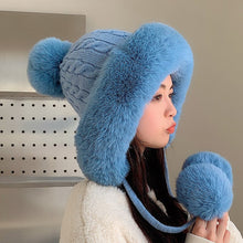 Load image into Gallery viewer, Houndstooth Pom-Pom Knit Beanie with Ear Straps – Warm Plush Winter Hat