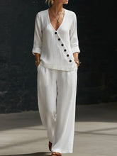 Load image into Gallery viewer, Women's V-Neck Diagonal Button Placket Cotton-Linen Shirt & Wide-Leg Pants Set