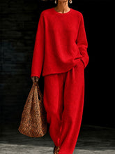 Load image into Gallery viewer, Women's Waffle Knit Oversized Crew-Neck Pullover & Relaxed Wide-Leg Trouser Lounge Co-ord Set