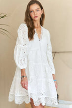 Load image into Gallery viewer, Lace Detail Tiered Eyelet V-Neck Babydoll Dress For Women – Feminine Boho Chic Dress, Fluttering, Elegant Lace & Eyelet