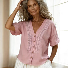 Load image into Gallery viewer, Women's Loose-Fit Faux Linen Embroidered Button-Up Top