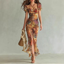 Load image into Gallery viewer, V-Neck Waist-Cinched Ruffle Hem Maxi Dress – Bodycon Long Dress in Orange