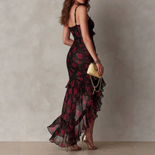 Load image into Gallery viewer, Women's Floral Print Strap Ruffle Hem A-Line Midi Dress — High-Waist Sundress