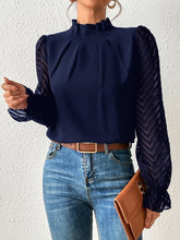 Load image into Gallery viewer, Women's Mock Neck Chiffon Blouse – Wave Pattern Sheer Long Sleeve with Ruffle Cuffs