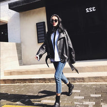 Load image into Gallery viewer, PU Faux Leather Jacket Women Loose Sashes Casual Biker Jackets Outwear Female Tops BF Style Black Leather Jacket Coat