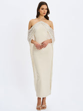 Load image into Gallery viewer, Quimera Almond Beaded Cape Halter Off-Shoulder Maxi Gown