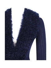 Load image into Gallery viewer, Romina Navy Plunging Fur Trimmed Crochet Maxi Dress