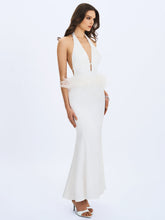 Load image into Gallery viewer, Solene Pleated Halter Backless Feather-Trim Maxi Dress