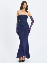 Load image into Gallery viewer, Orabelle Navy Beaded Peplum Mermaid Maxi Gown with Lace-up Back