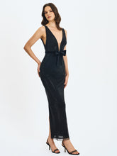 Load image into Gallery viewer, Olympia Black Belted Bow Plunging Rhinestone Maxi Dress