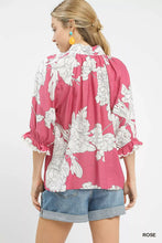 Load image into Gallery viewer, Umgee Peony Illustration Print Flounce Sleeve Blouse