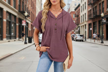 Load image into Gallery viewer, Women's Waffle Knit Hooded Short-Sleeve Top – Drawstring Button Pullover
