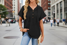 Load image into Gallery viewer, Women's Waffle Knit Hooded Short-Sleeve Top – Drawstring Button Pullover