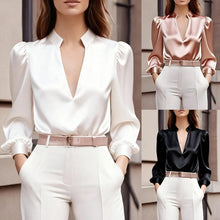 Load image into Gallery viewer, Women’s Satin V-Neck Long Sleeve Top – Slim Fit Solid Color Blouse