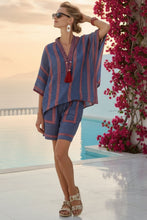 Load image into Gallery viewer, Women's Striped Linen V-Neck Top & Shorts Set with Embroidered Neckline