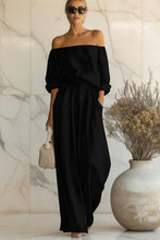 Load image into Gallery viewer, Women's Off-Shoulder Puff Sleeve Blouson Top & High-Rise Wide-Leg Pants Set