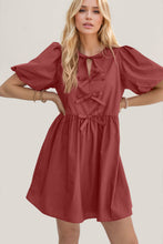 Load image into Gallery viewer, Elegant Ruched Puff Sleeve Mini Dress Vintage Bow Detail Cute Short Dress for Women
