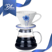 Load image into Gallery viewer, BLUE BREW Ceramic Pour Over Coffee Dripper & Borosilicate Glass Server Set – Premium Single-Serve Coffee Maker with Heat-Resistant Carafe