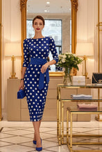 Load image into Gallery viewer, Women's Retro Polka-Dot Bodycon Midi Dress | Belted Waist Slim Fit