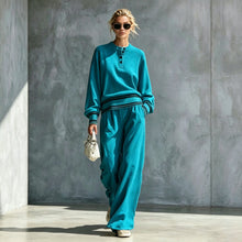 Load image into Gallery viewer, Women's Striped-Trim Henley Top & Wide-Leg Pants Set