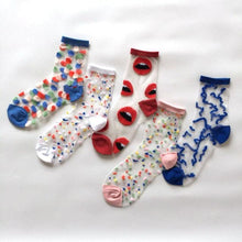 Load image into Gallery viewer, 5 Pairs Young Girl Funny Cute Fashion Colorful Candy Dot Red Lips Wave Socks Sweet Women Thin Summer Ankle Crystal Sheer Socks For Women