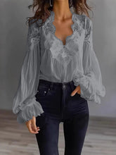 Load image into Gallery viewer, Lace-Panel Puff Sleeve Pleated Ruffle Shirt | Ballet Style