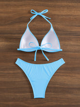 Load image into Gallery viewer, Bikini Rib Knit Solid Color Triangle 2 Piece Swimsuit for Women – Adjustable Tie Back Halter Bikini Set with Spaghetti Straps – High Stretch Polyester Swimwear for Summer Beachwear Poolside Relaxation and Tropical Vacation