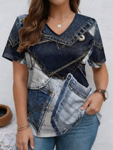 Load image into Gallery viewer, V-Neck Denim Print Short Sleeve T-Shirt | Loose Casual Tee