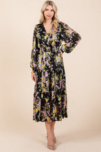 Load image into Gallery viewer, Flower Print Satin Lurex Stripe Smocked Midi Dress For Summer – Elegant and Sparkling Floral Dress with Tiered Design