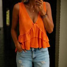 Load image into Gallery viewer, V-Neck Ruffled Sleeveless Vest Top – Solid Color Women’s Tank