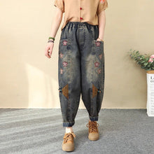 Load image into Gallery viewer, Patchwork Embroidered Cropped Harem Pants – Women's Wide Leg High Waist Denim