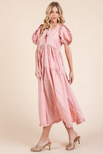 Load image into Gallery viewer, Ruffle Trim Puff Sleeve Tiered Babydoll Midi Dress – Fluttering, Sweet, Elegant, Feminine, and Trendy Babydoll Midi Dress with Ruffle Trim and Puff Sleeves