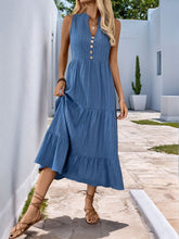 Load image into Gallery viewer, Decorative Dusty Blue Button Notched Sleeveless Dress Elegant & Feminine Style Long Dress For Women