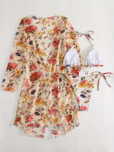 Load image into Gallery viewer, Bikini European Style Floral Print 3 Piece Swimsuit Set for Women – Sexy V Neck Bikini with Cross Strap Detail and Matching Long Sleeve Cover-Up – High Stretch Trendy Swimwear for Summer Beach Vacations Resort Looks and Poolside Fashion