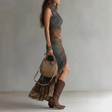 Load image into Gallery viewer, Retro Patchwork Print Asymmetric Slip Dress – High-Waist High-Slit Boho Maxi Dress