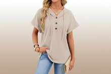 Load image into Gallery viewer, Women's Waffle Knit Hooded Short-Sleeve Top – Drawstring Button Pullover
