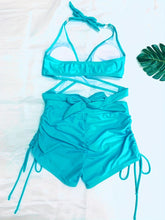 Load image into Gallery viewer, Coastal Curve Halter Bikini Set for Women – V-Neck Crisscross Drawstring Swimsuit with Chic Ring Detail & High-Waisted Boxer Shorts for Summer – Sleek Two-Piece Nylon Swimwear for Women’s Beach & Poolside Style
