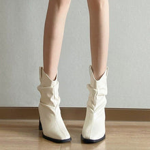 Load image into Gallery viewer, Women's French Luxury Ruched Square Toe Block Heel Slouch Ankle Boots