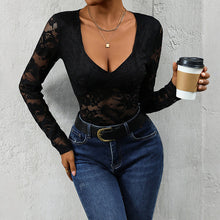 Load image into Gallery viewer, Women’s Lace Long Sleeve Bodysuit – Deep V Neck Solid Top