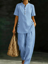Load image into Gallery viewer, Three-Quarter Sleeve Shirt & Wide-Leg Pants Two-Piece Set – Solid Color Casual
