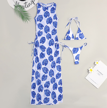 Load image into Gallery viewer, Women's Solid Color Three-Piece Bikini Set with Maxi Dress Cover-Up