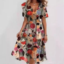 Load image into Gallery viewer, Floral Print A-Line Dress – V-Neck Short Sleeve Midi Dress