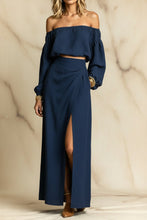 Load image into Gallery viewer, Women's Off-Shoulder Puff-Sleeve Crop Top & Wrap-Front High-Slit Maxi Skirt Set